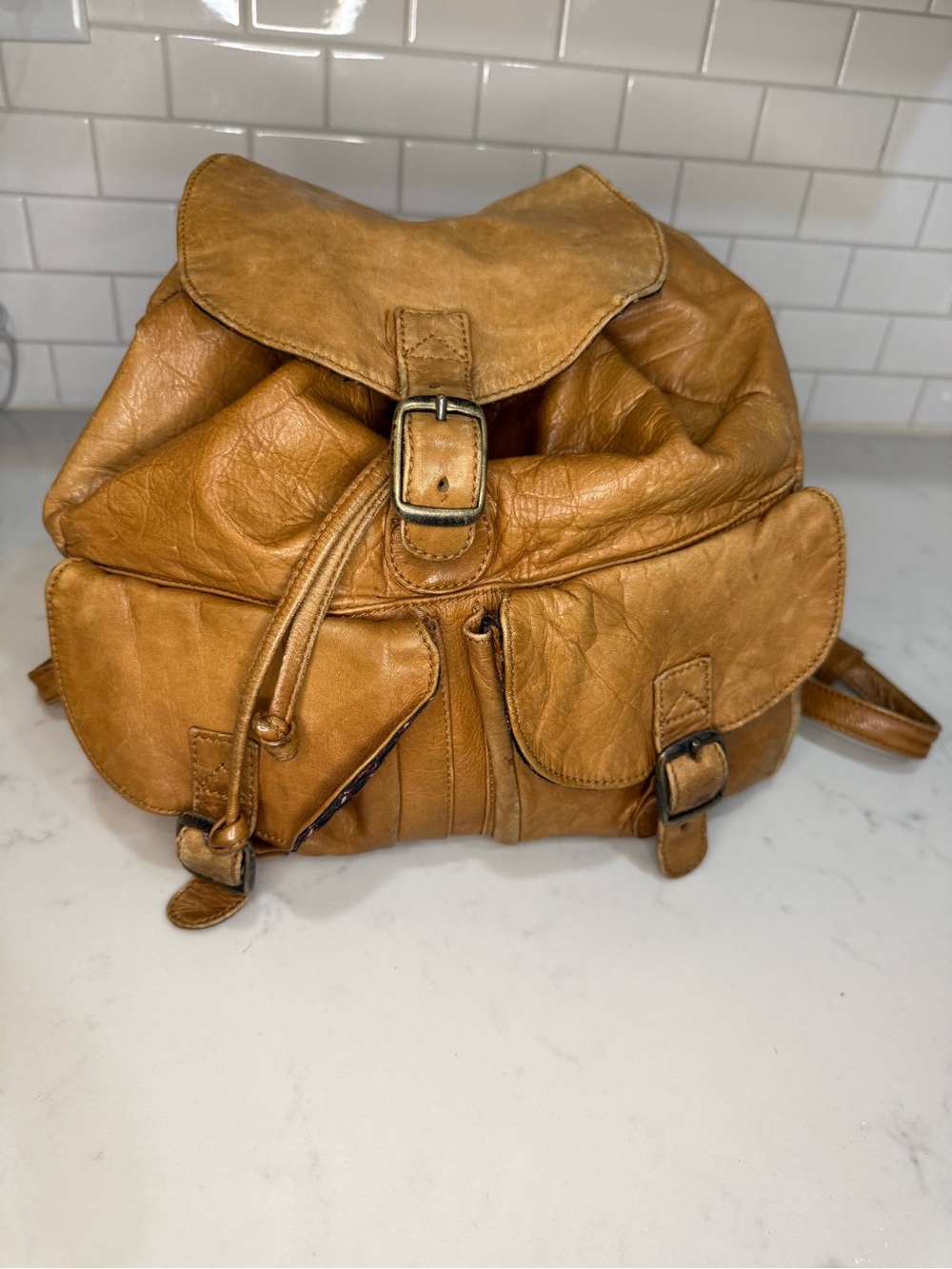 Vintage Tropical Leather International Genuine Tan Leather Rucksack Backpack